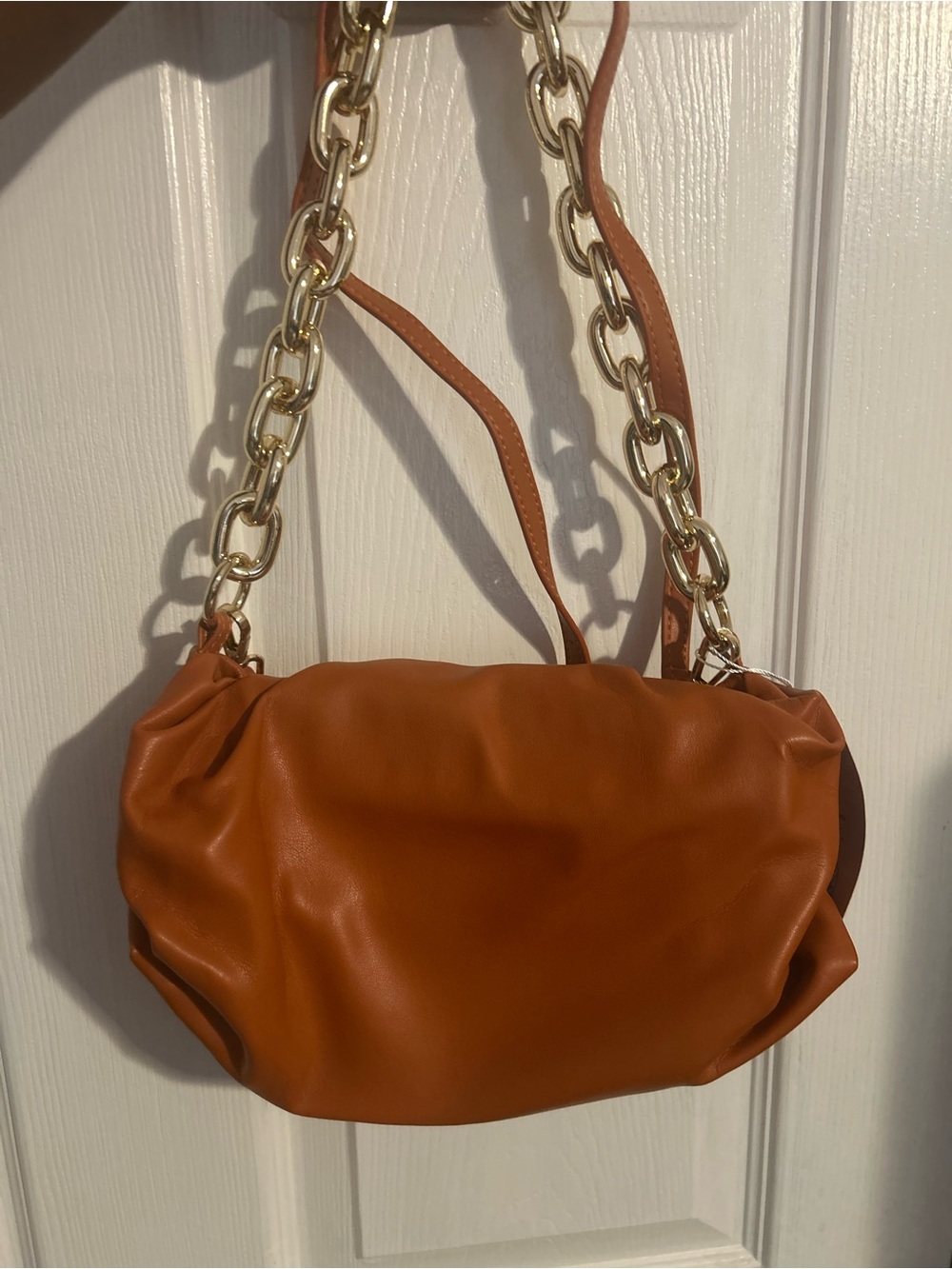 Women’s Tan Shoulder Bag with Gold Chain Strap
